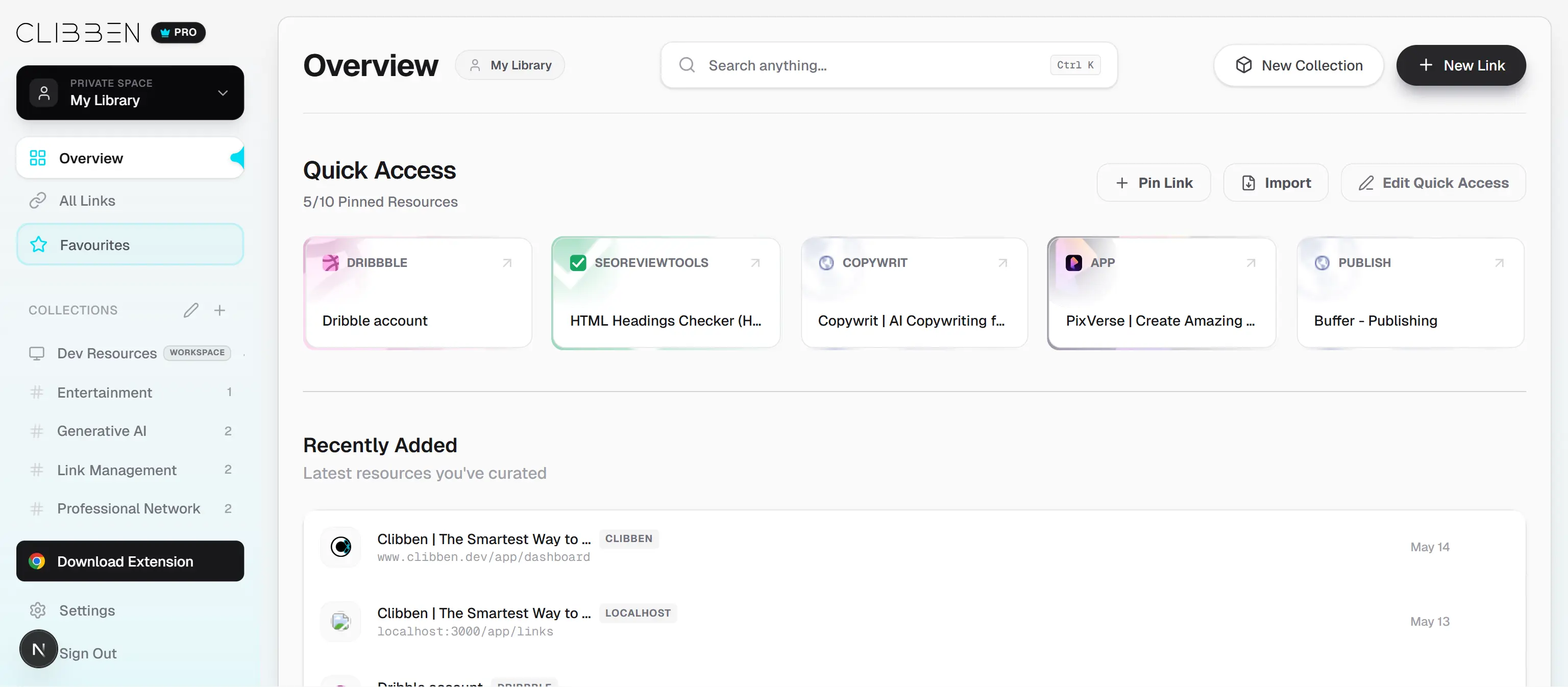 Clibben Dashboard interface showing organized bookmarks and tags in a clean, modern layout